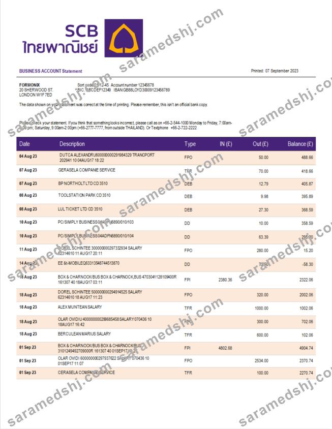Siam Commercial Bank enterprise account statement Word and PDF template